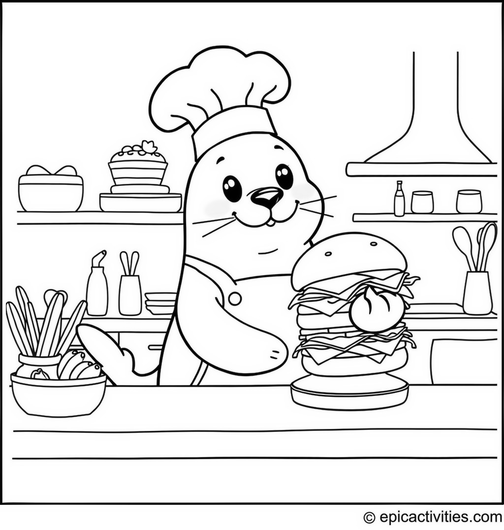 Coloring page of a Cute Chef Seal Making a Sandwich