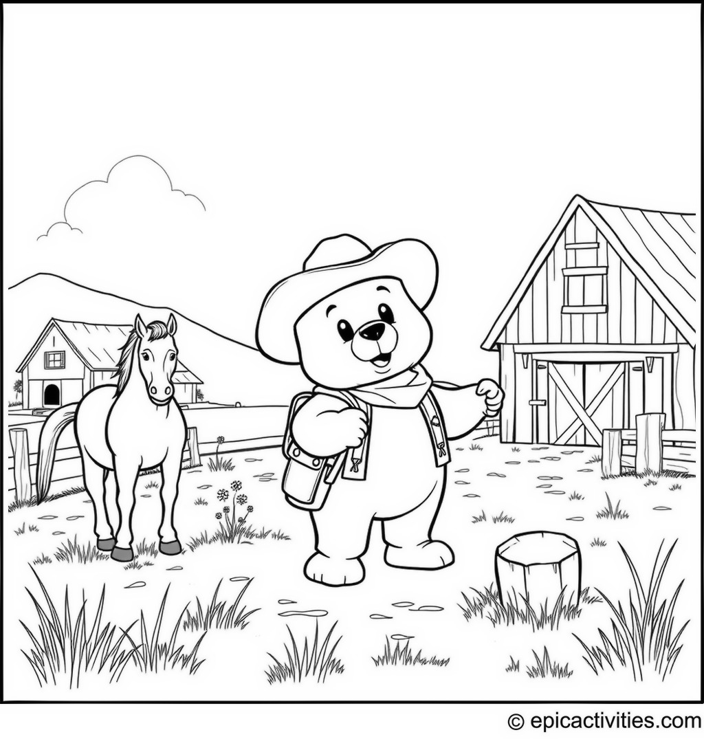 Coloring page of a Cute Cowboy Bear and Horses Adventure