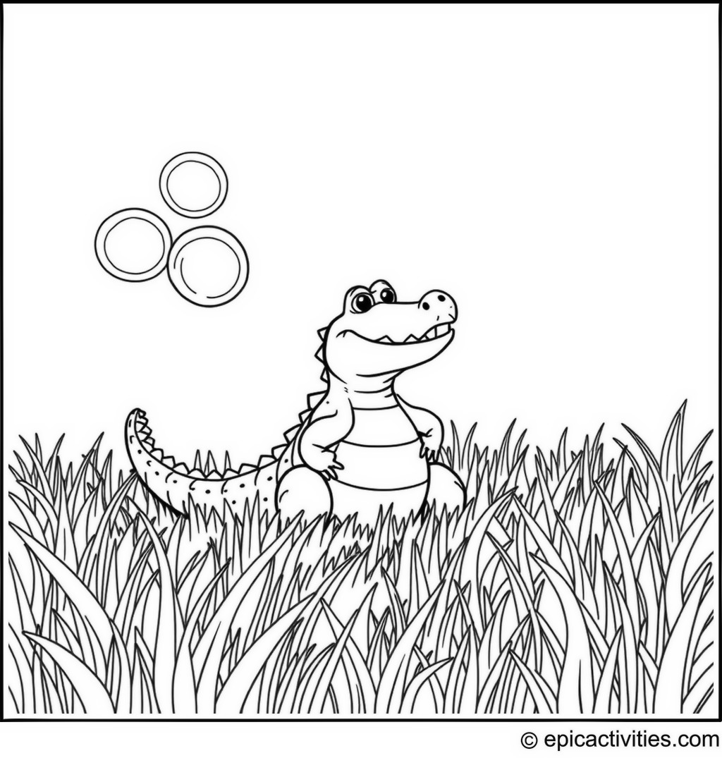 Coloring page of a cute crocodile blowing big soap bubbles in a field