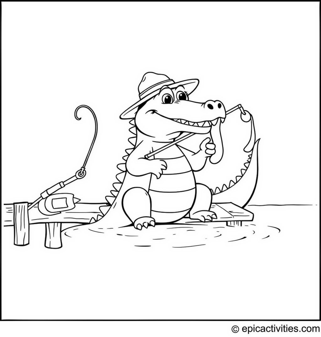 Coloring page of a Cute Crocodile Fishing Cartoon