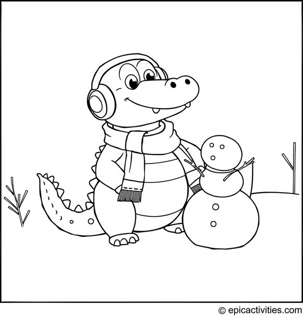 Coloring page of a cute crocodile making a snowman in winter
