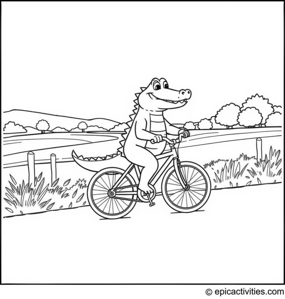 Coloring page of a Cute Crocodile Riding a Bicycle