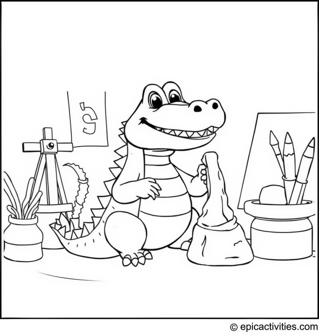 Coloring page of a cute crocodile sculpting clay in an art studio