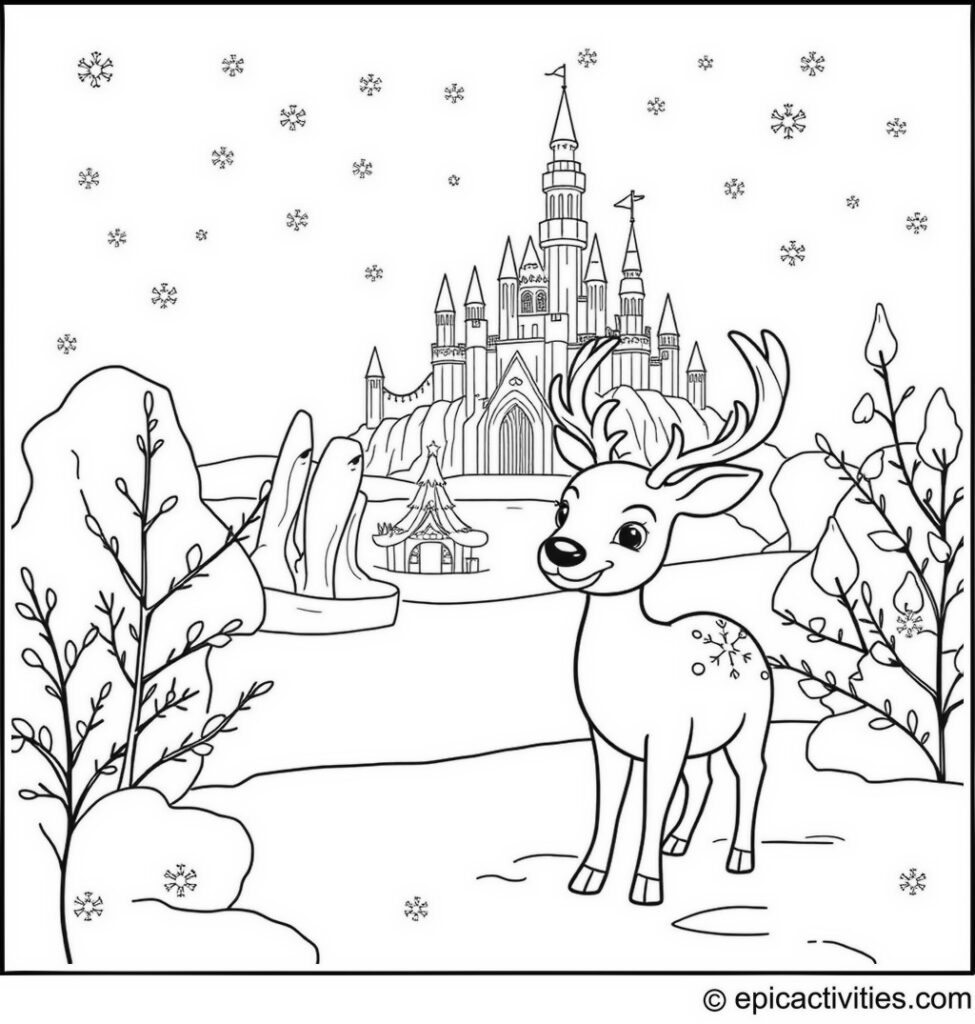 Coloring page of a Cute Deer at a Winter Festival with Snowflakes and an Ice Castle