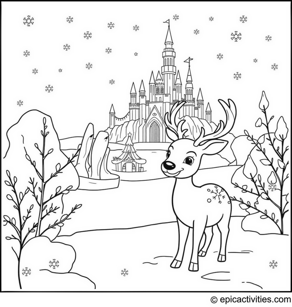 Coloring page of a Cute Deer at a Winter Festival with Snowflakes and an Ice Castle