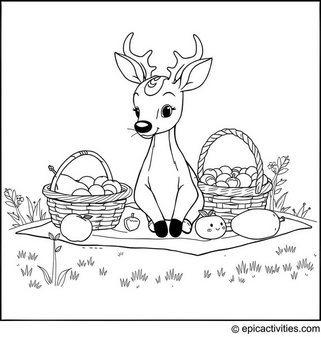 Coloring page of a cute deer enjoying a picnic with fruits and snacks