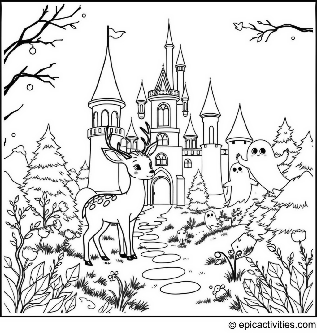 Coloring page of a cute deer exploring an enchanted castle with friendly ghosts