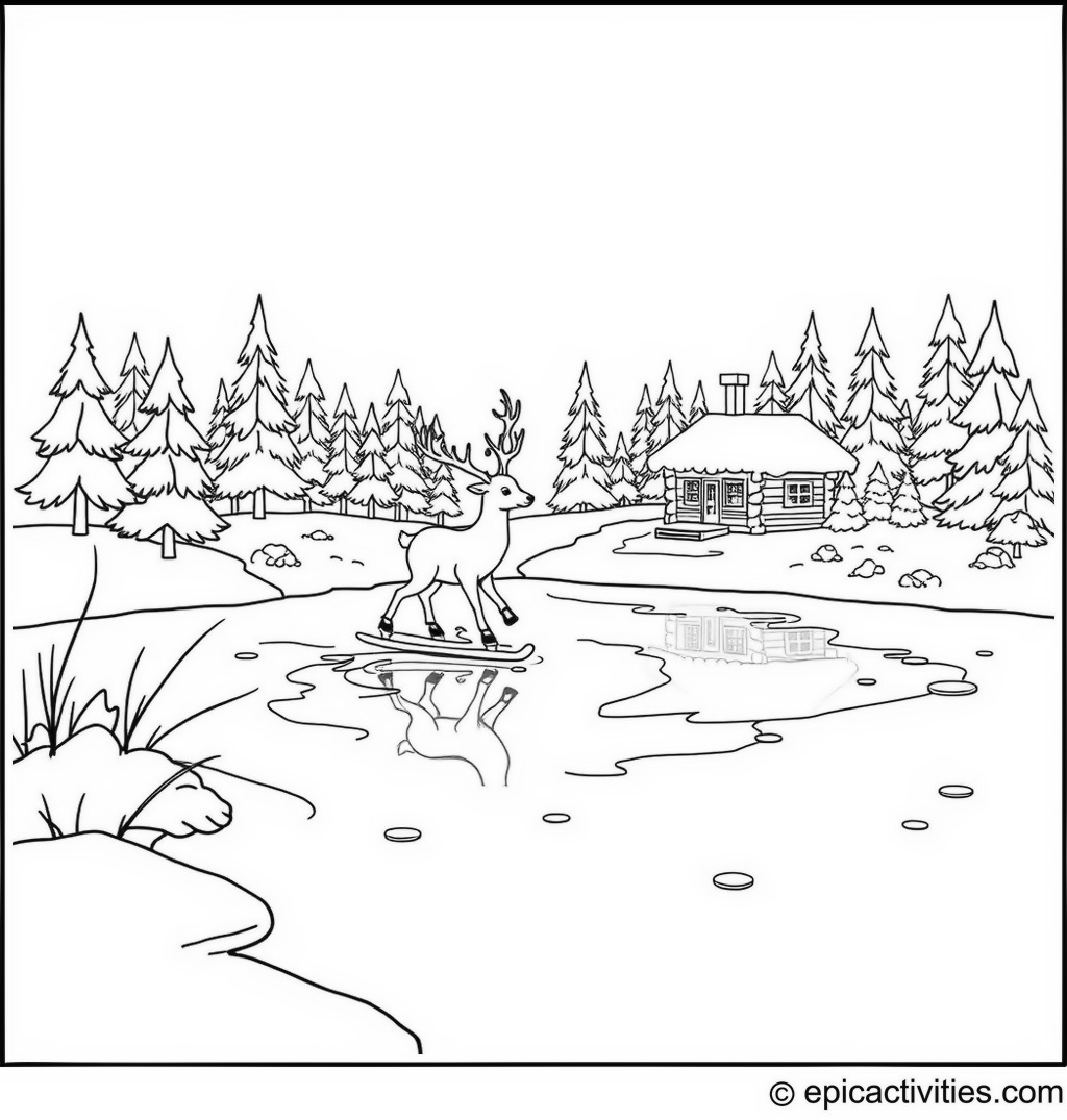 Coloring page of a Cute Deer Ice Skating in a Winter Wonderland