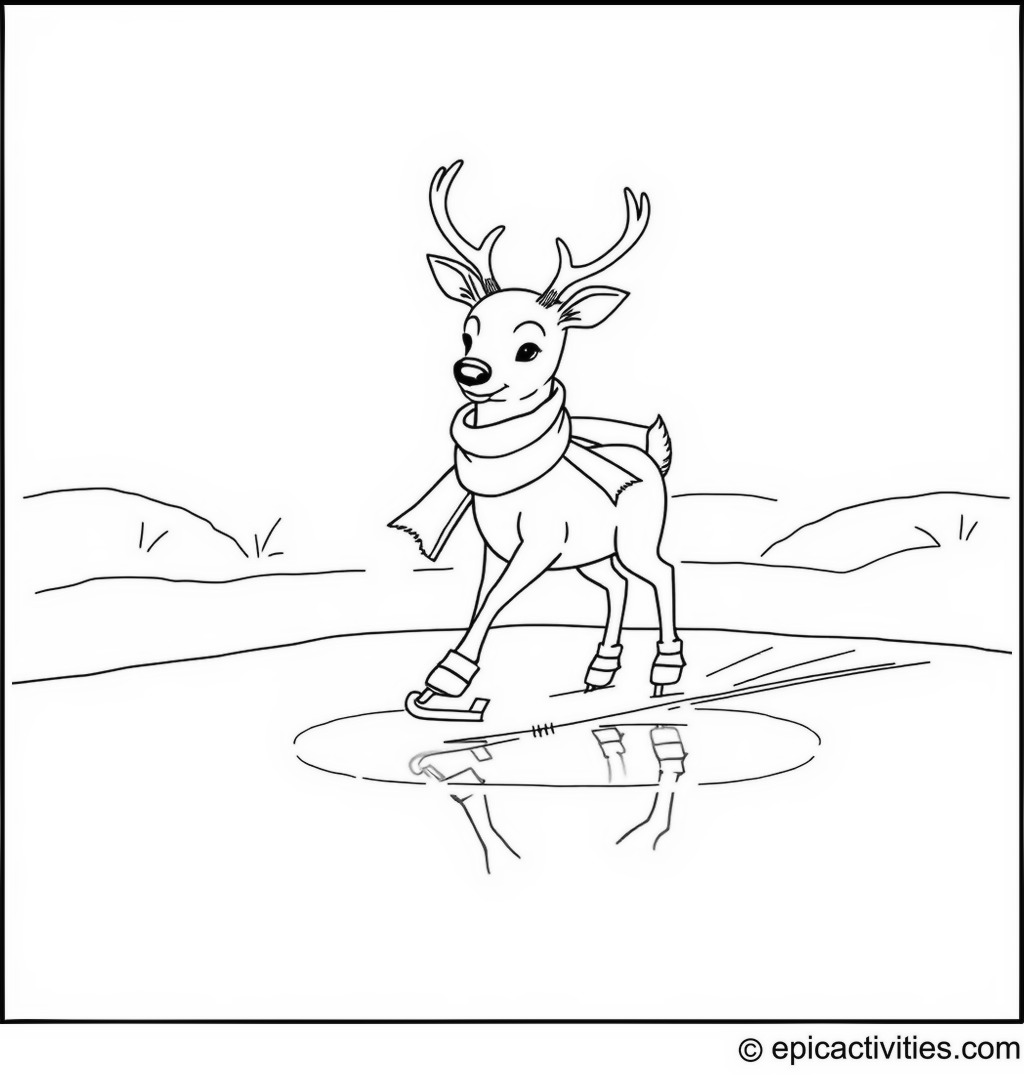 Coloring page of a Cute Deer Ice Skating on a Frozen Pond