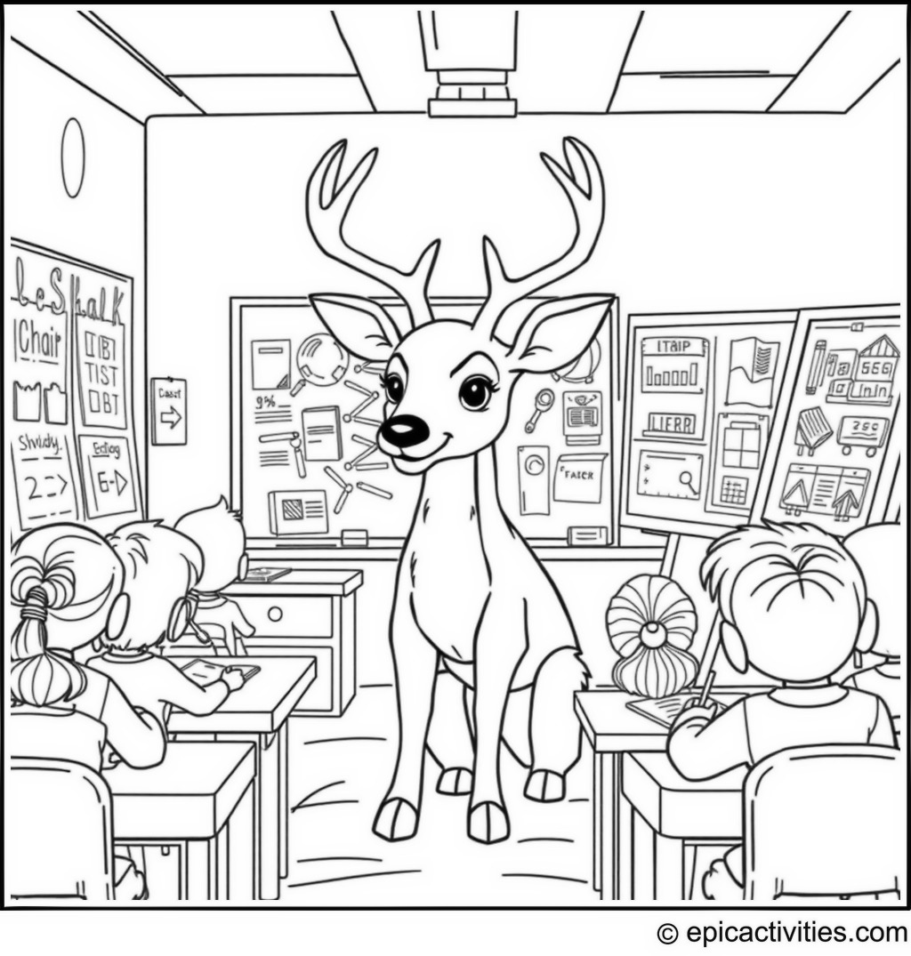 Coloring page of a cute deer in a detailed classroom learning with engaging charts, a chalkboard, and classmates