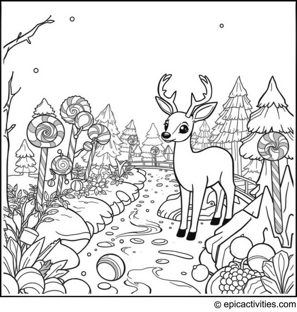 Coloring page of a Cute Deer in Candy Land