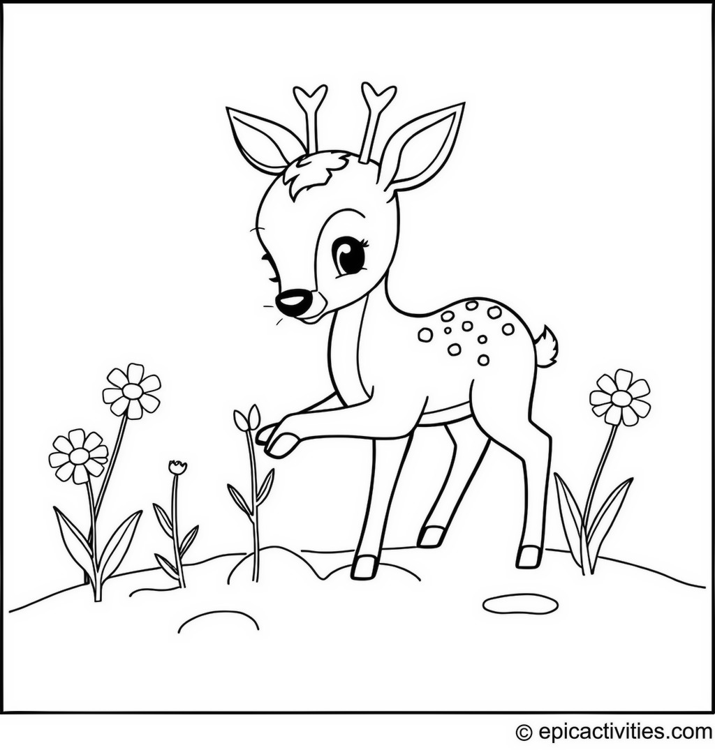 Coloring page of a Cute Deer Planting Magical Seeds to Grow Instant Flowers