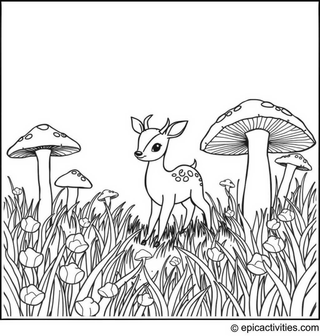 Coloring page of a cute deer playing in a field of giant mushrooms