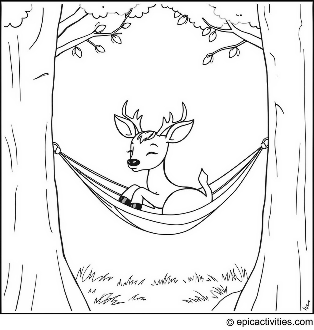 Coloring page of a Cute Deer Relaxing in a Hammock