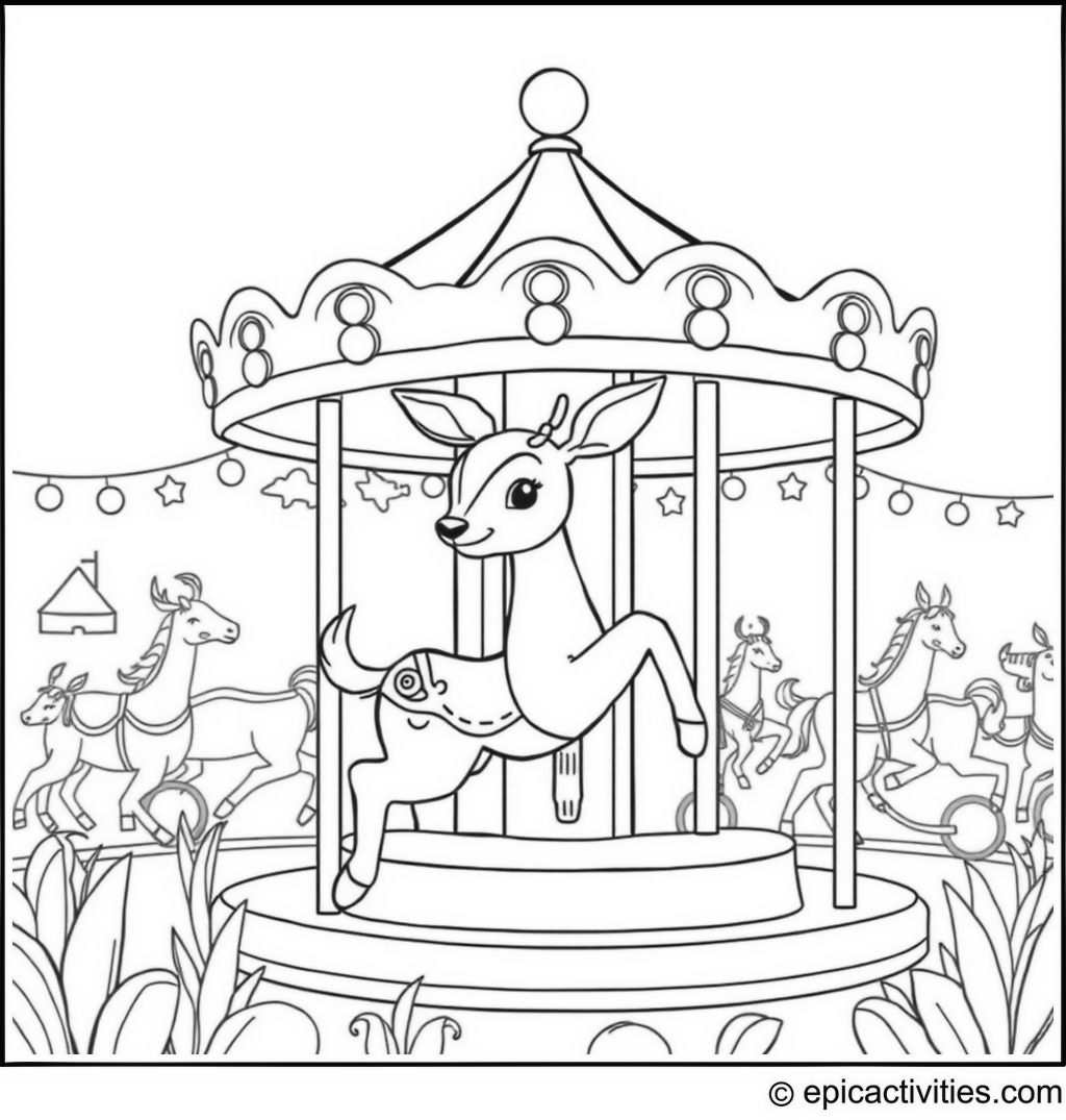 Coloring page of a cute deer riding a carousel at a whimsical fair