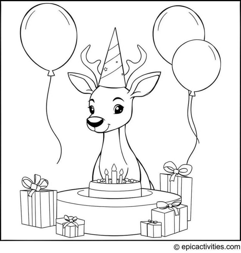 Coloring page of a Cute Deer's Birthday Party with Balloons and Gifts