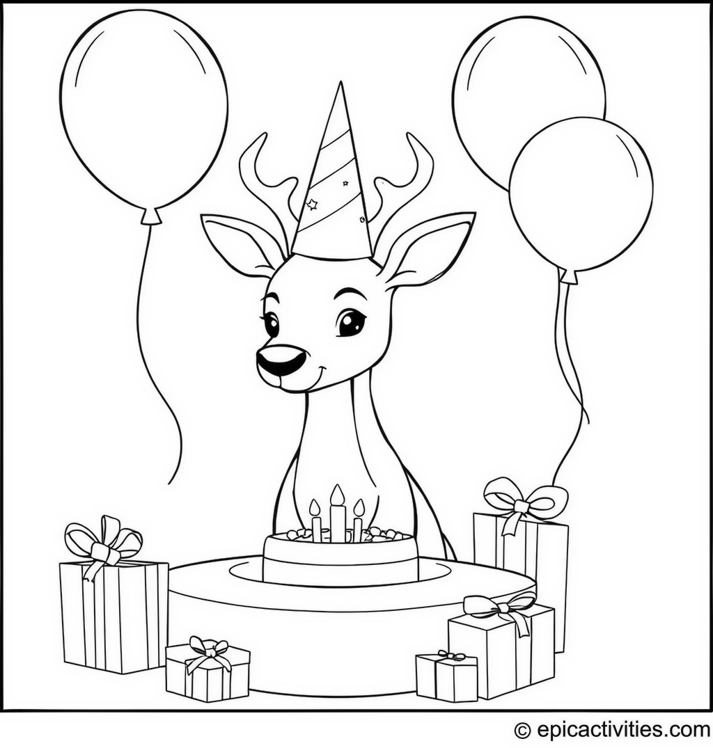 Coloring page of a Cute Deer’s Birthday Party with Balloons and Gifts