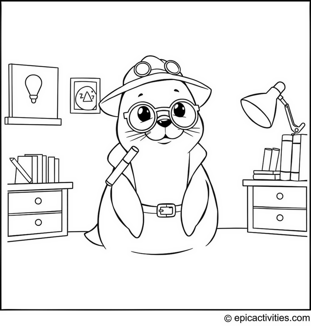 Coloring page of a cute detective seal with a magnifying glass