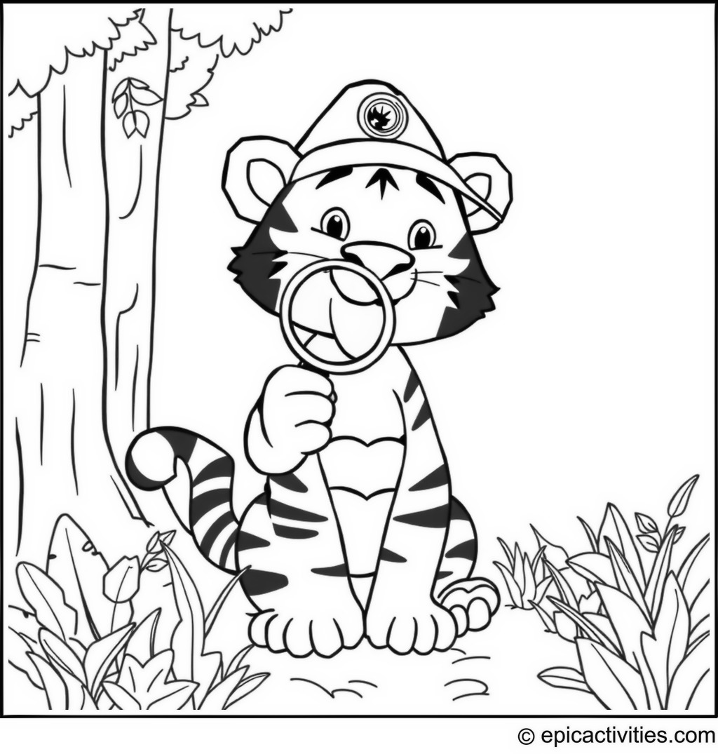 Coloring page of a Cute Detective Tiger in a Whimsical Forest