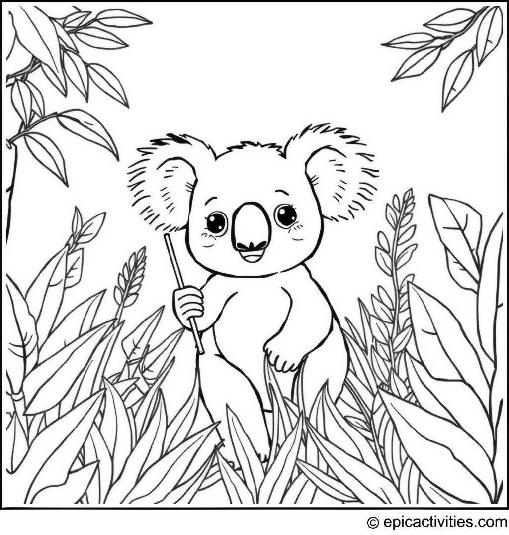 Coloring page of a cute koala adventuring through a whimsical jungle