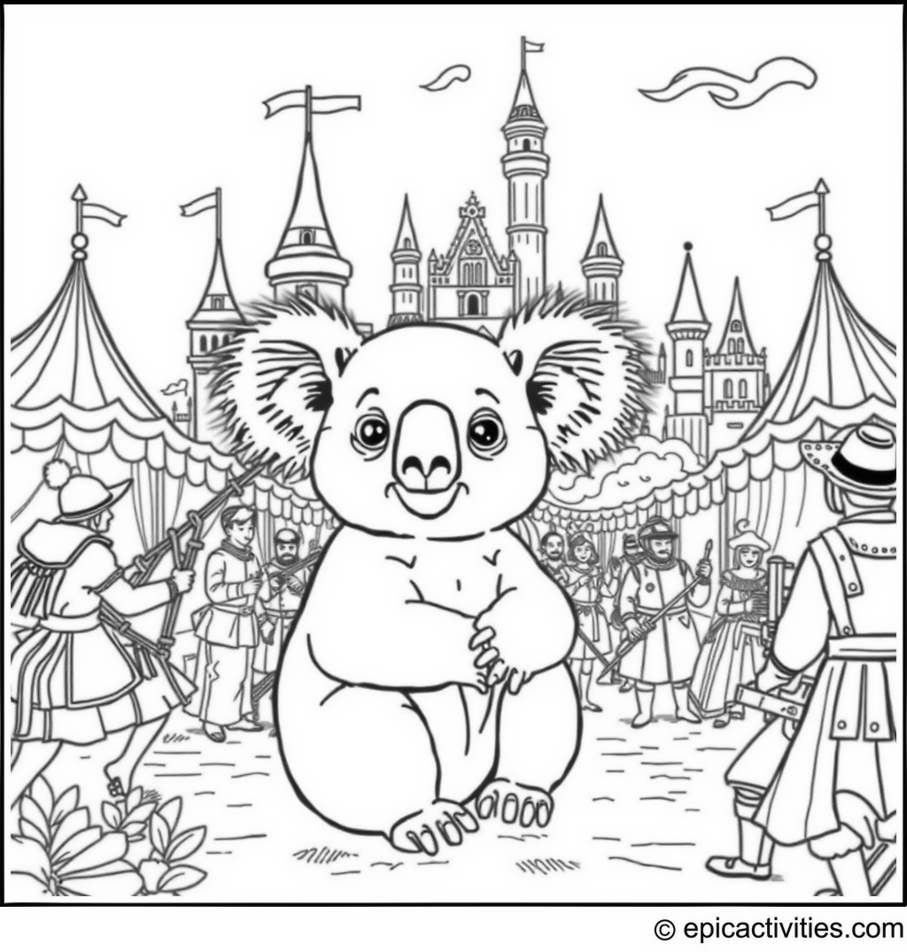 Coloring page of a Cute Koala at a Medieval Fair with Jousters and an Enchanted Castle Backdrop