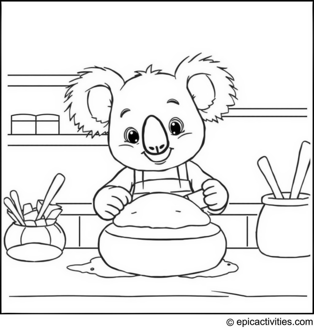 Coloring page of a Cute Koala Baking Bread