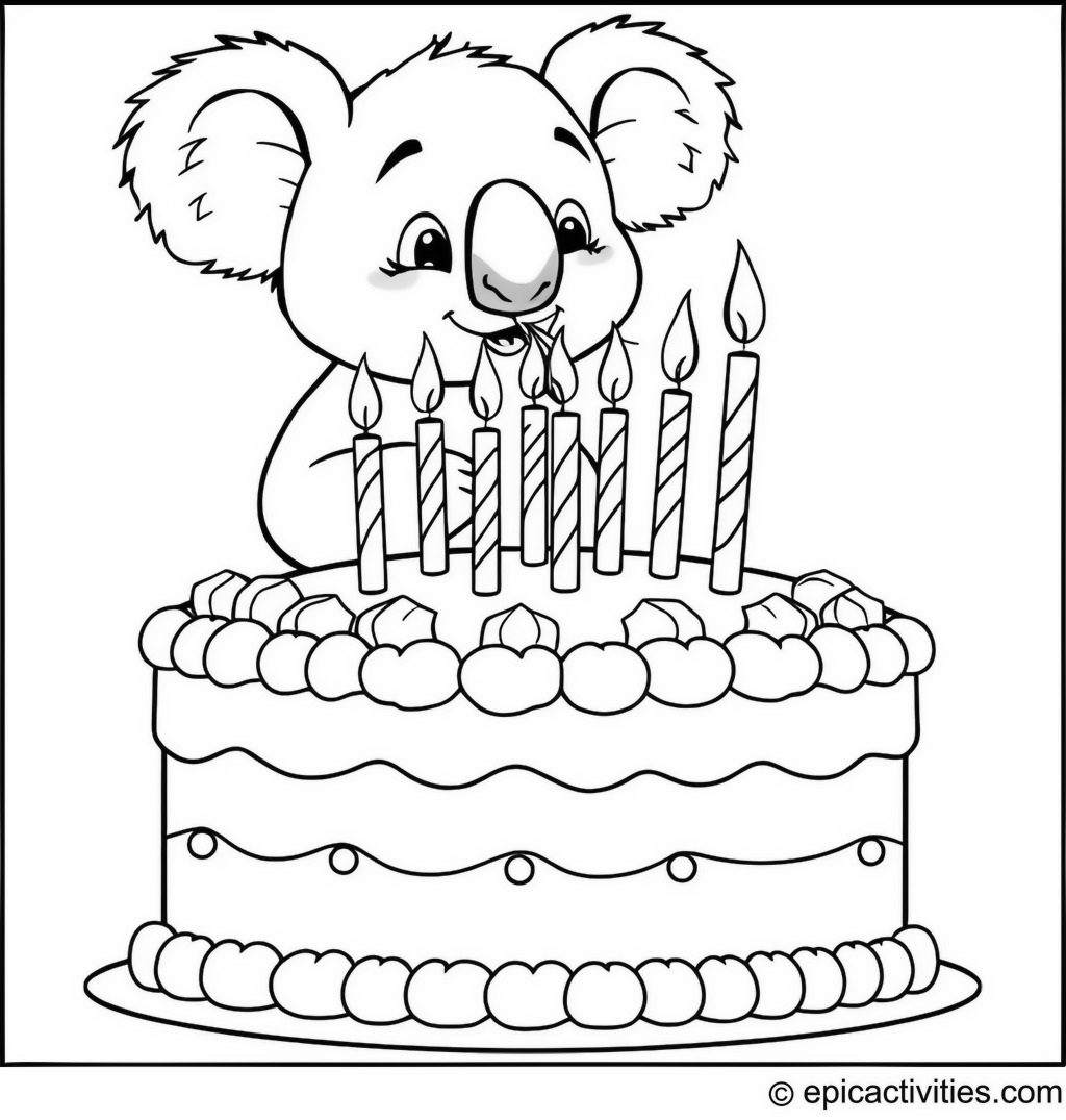 Coloring page of a cute koala blowing out candles on a giant cartoon birthday cake