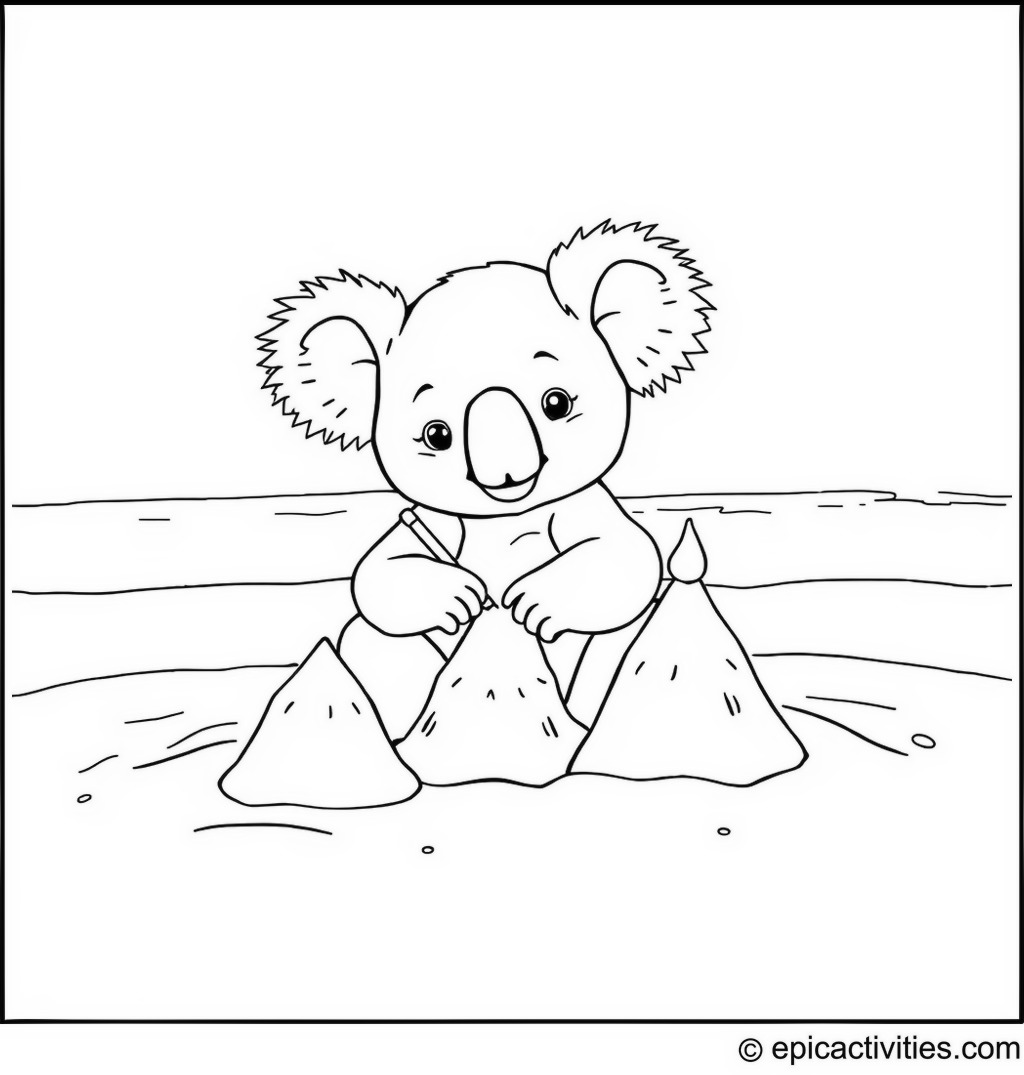 Coloring page of a Cute Koala Building Sandcastles on a Beach