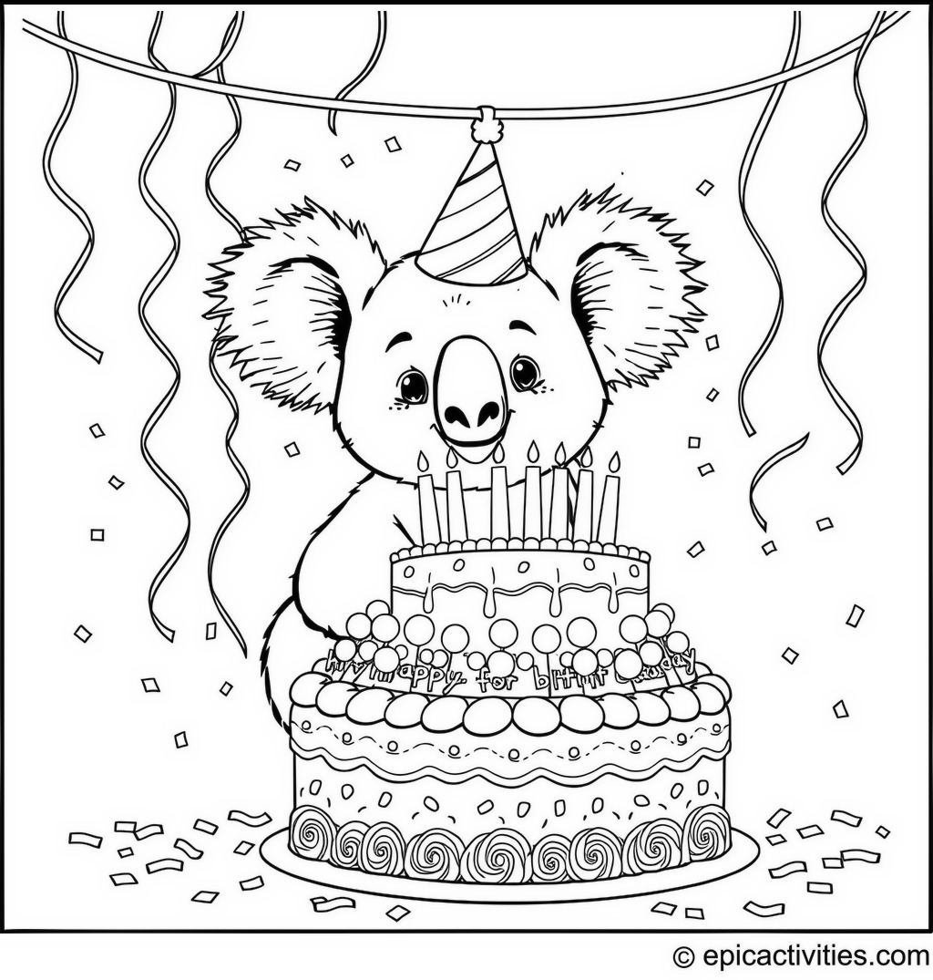 Coloring page of a Cute Koala Celebrating a Birthday Party