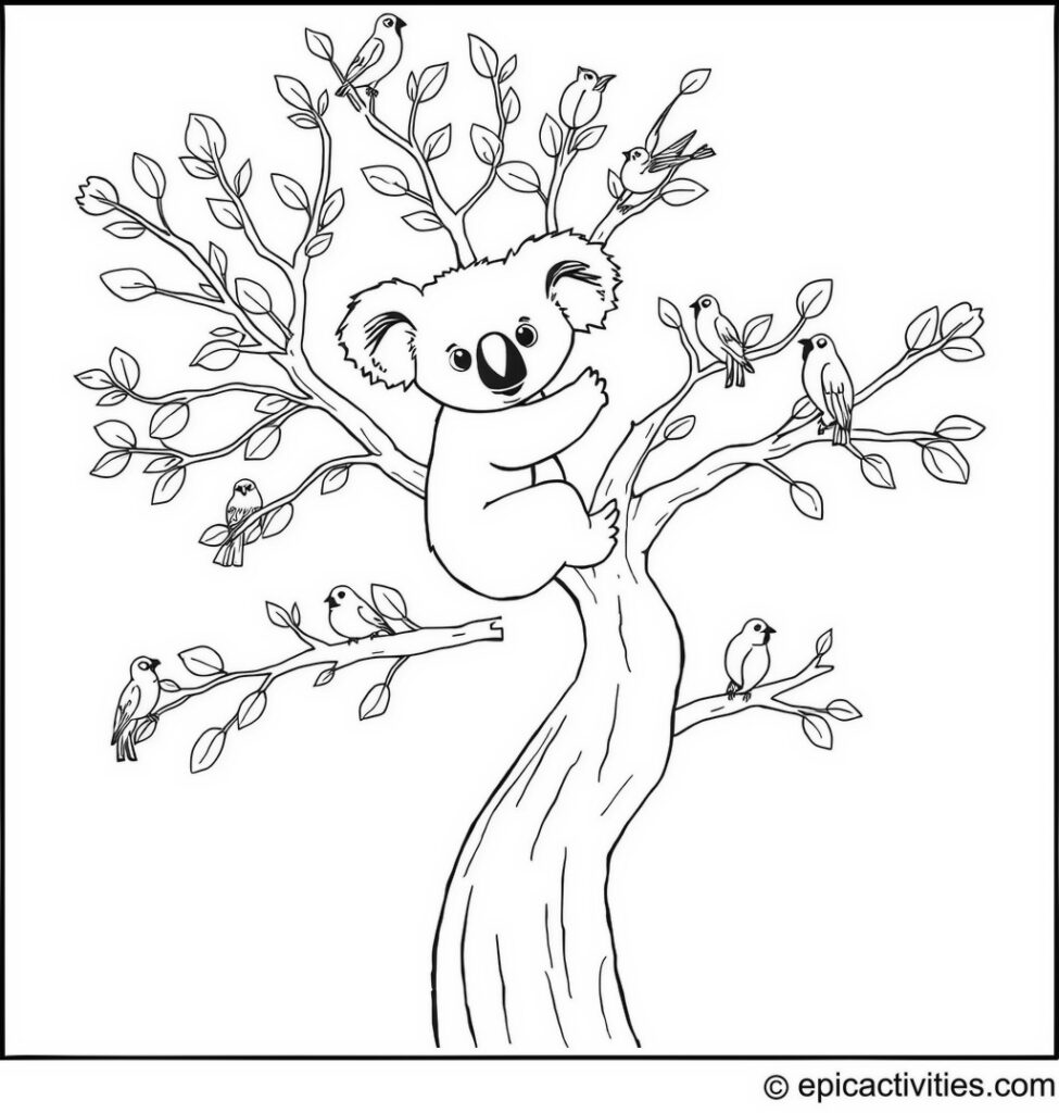 Coloring page of a cute koala climbing a twisting cartoon eucalyptus tree surrounded by friends