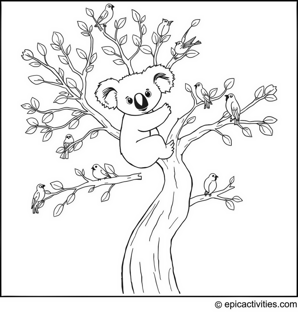 Coloring page of a cute koala climbing a twisting cartoon eucalyptus tree surrounded by friends