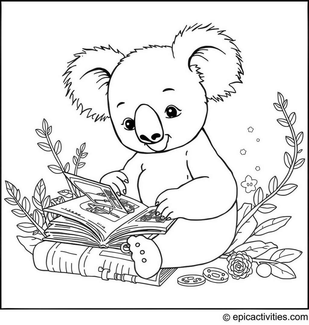 Coloring page of a cute koala creating a special scrapbook