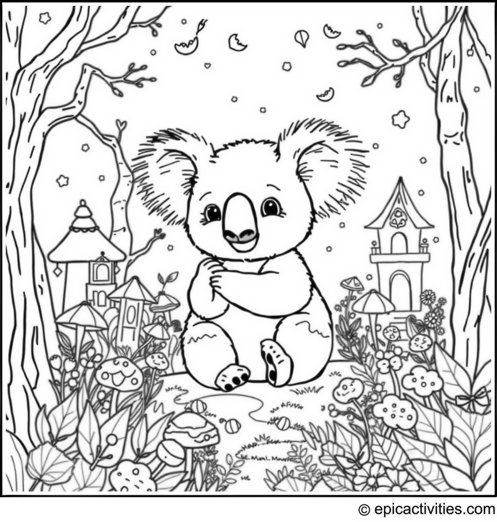 Coloring page of a Cute Koala Exploring an Enchanted Forest