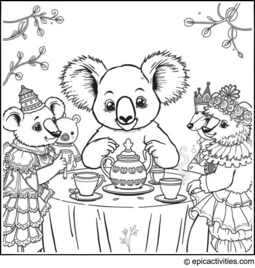 Coloring page of a Cute Koala Having an Elaborate Tea Party with Fanciful Tea Sets and Animal Guests in Costumes