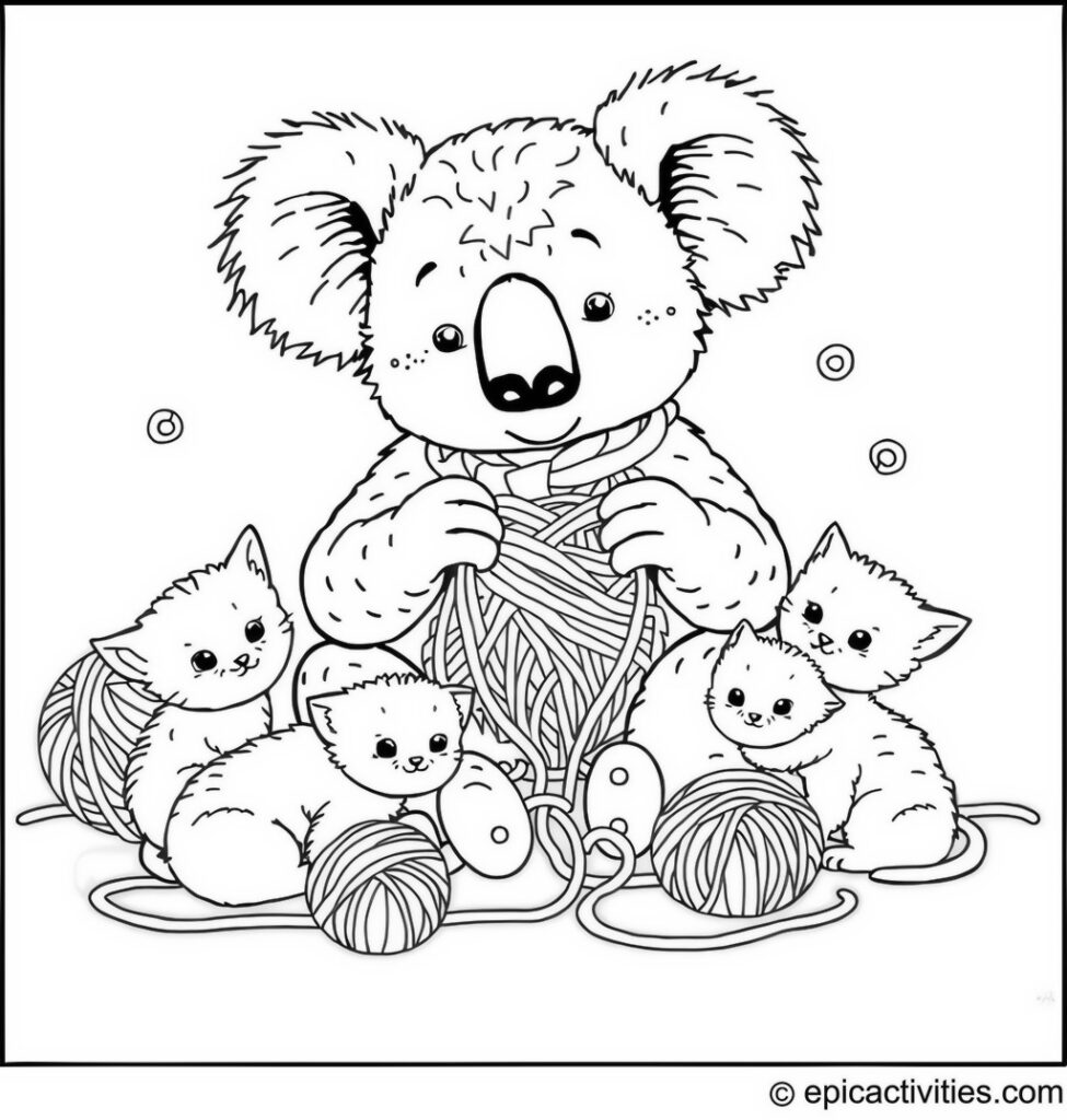 Coloring page of a Cute Koala Knitting with Kittens Playing