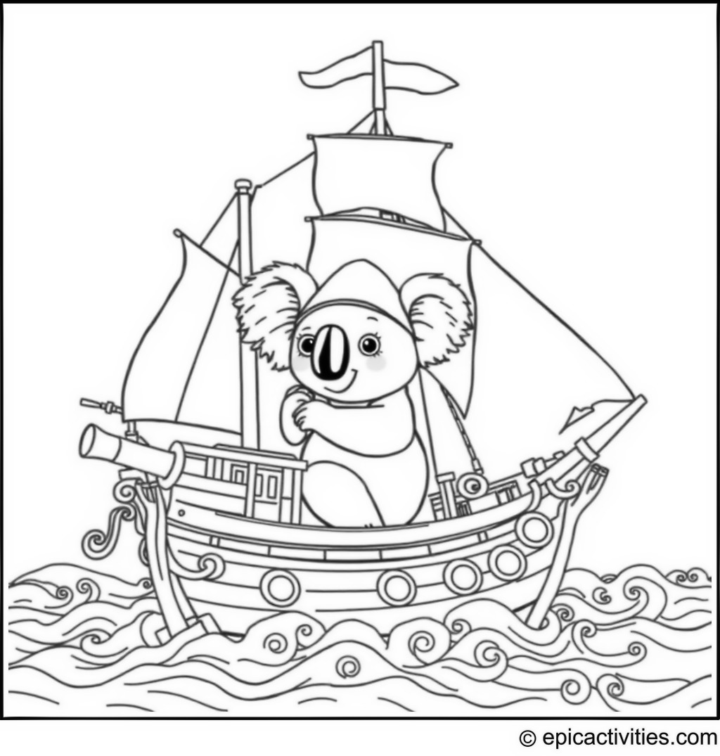 Coloring page of a Cute Koala on a Pirate Ship Adventure