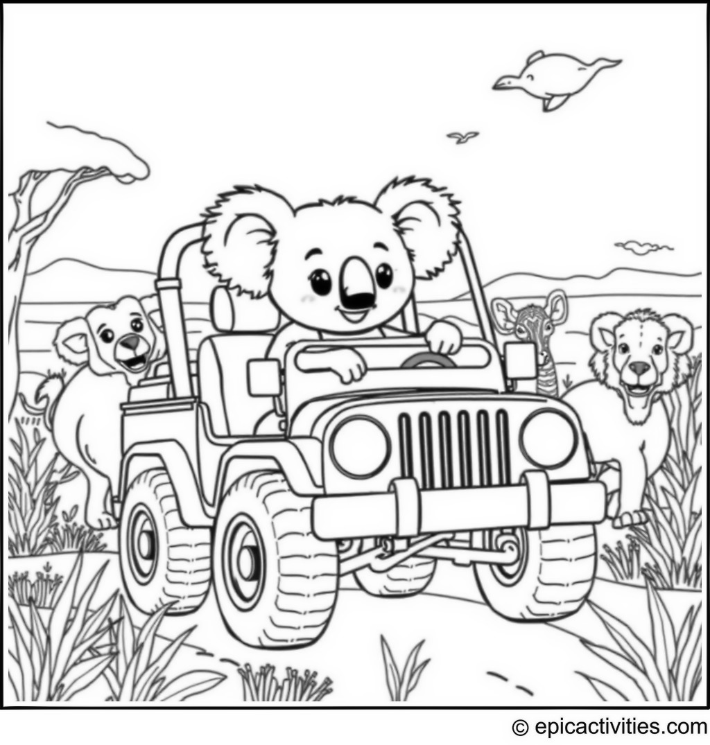 Coloring page of a cute koala on a safari adventure in a cartoon jeep through a whimsical savanna