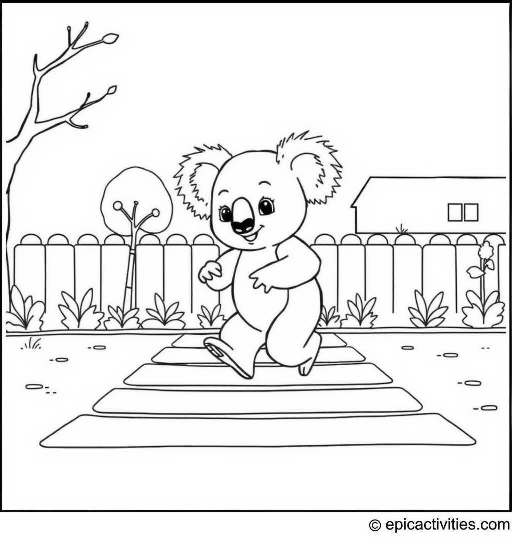 Coloring page of a cute koala playing hopscotch in a schoolyard