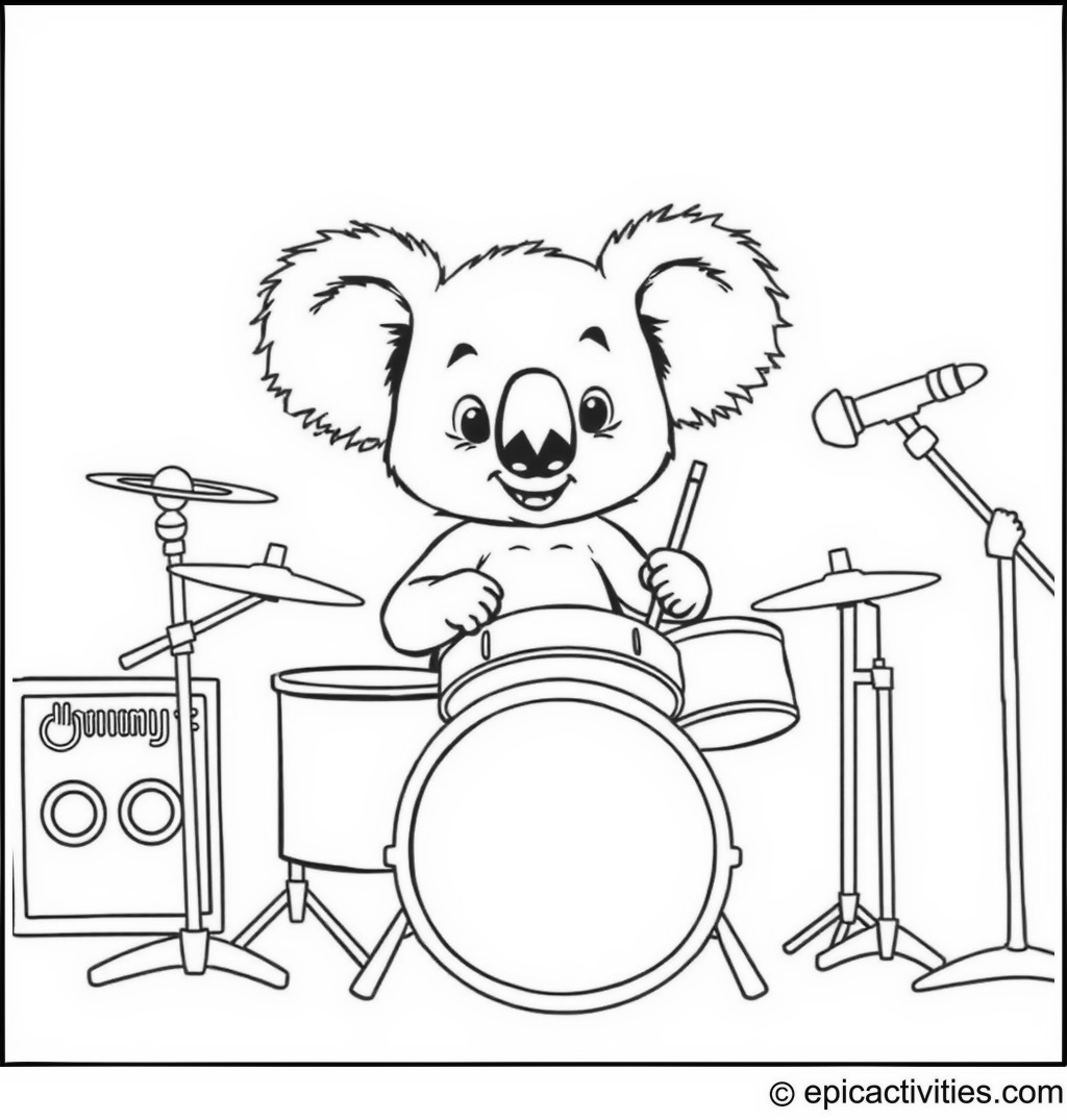 Coloring page of a cute koala playing the drums in a rock band