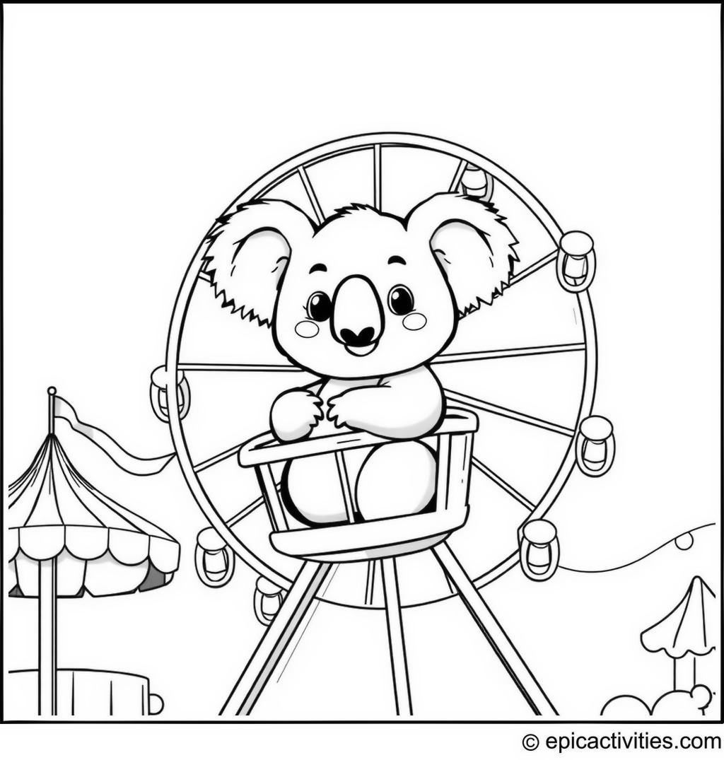 Coloring page of a cute koala riding a Ferris wheel at a cartoon carnival