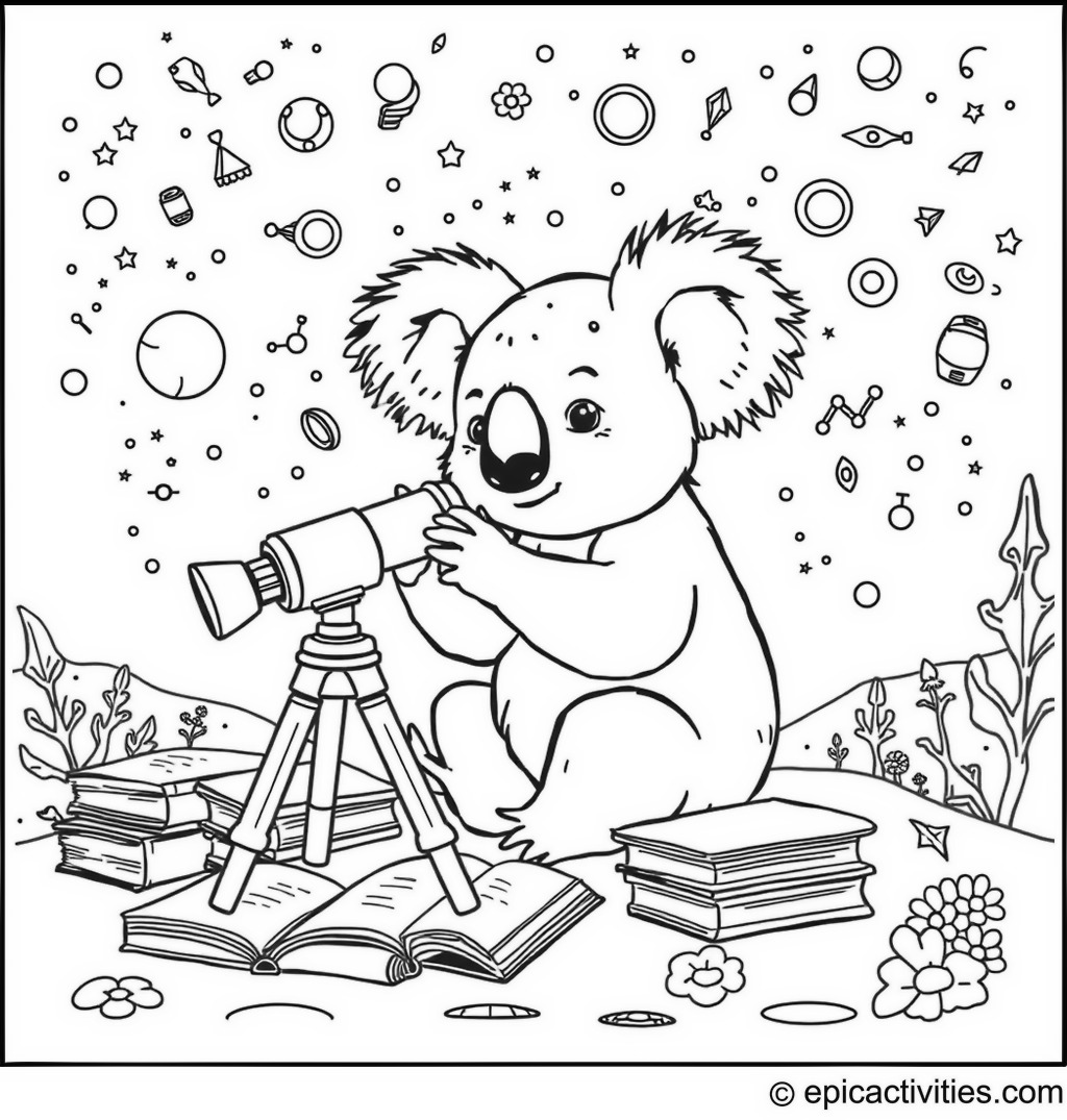 Coloring page of a cute koala stargazing with a detailed telescope setup