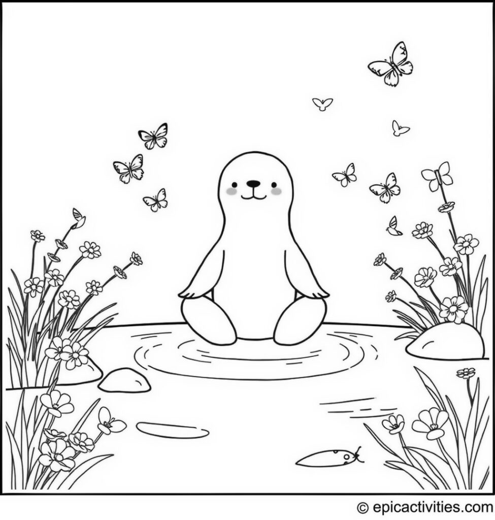 Coloring page of a Cute Meditating Seal by a River with Butterflies and Birds