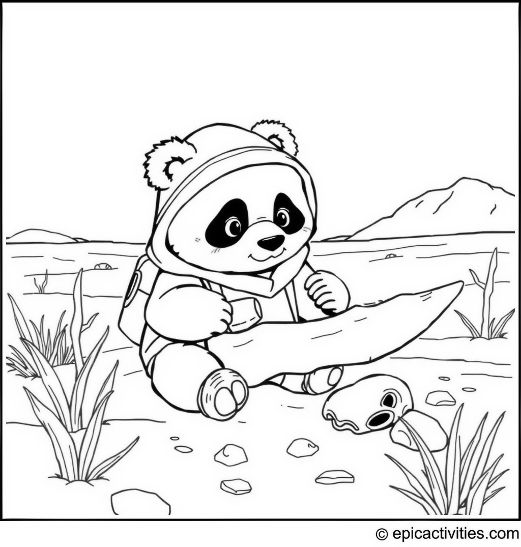 Coloring page of a Cute Panda Archaeologist Discovering a Dinosaur Bone in the Desert