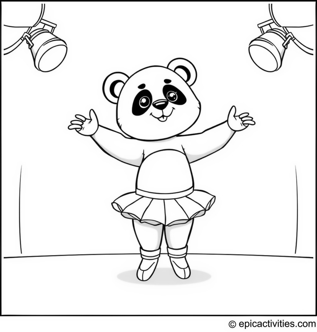Coloring page of a Cute Panda Ballerina Performing on Stage with Cartoon Spotlights