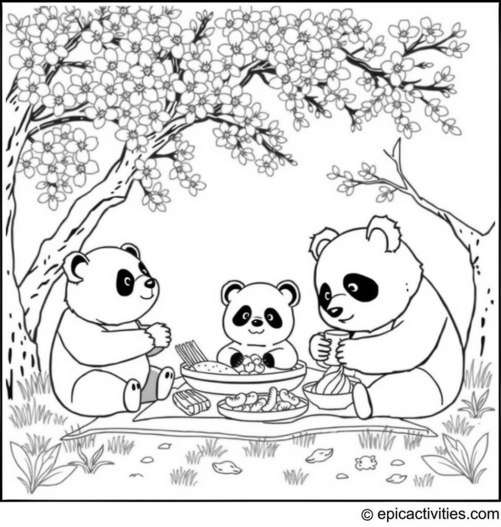 Coloring page of a Cute Panda Family Picnic under Cherry Blossom Tree