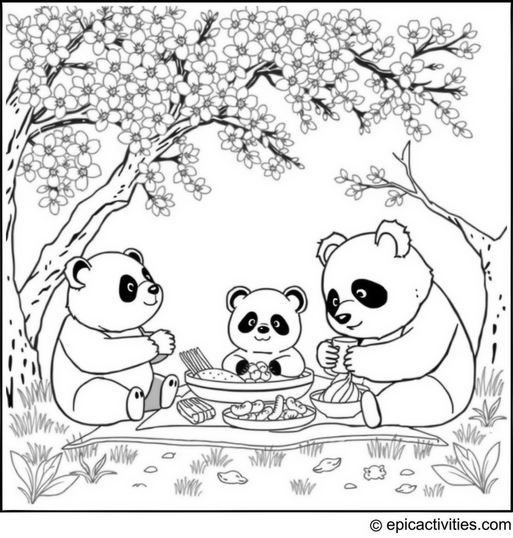 Coloring page of a Cute Panda Family Picnic under Cherry Blossom Tree
