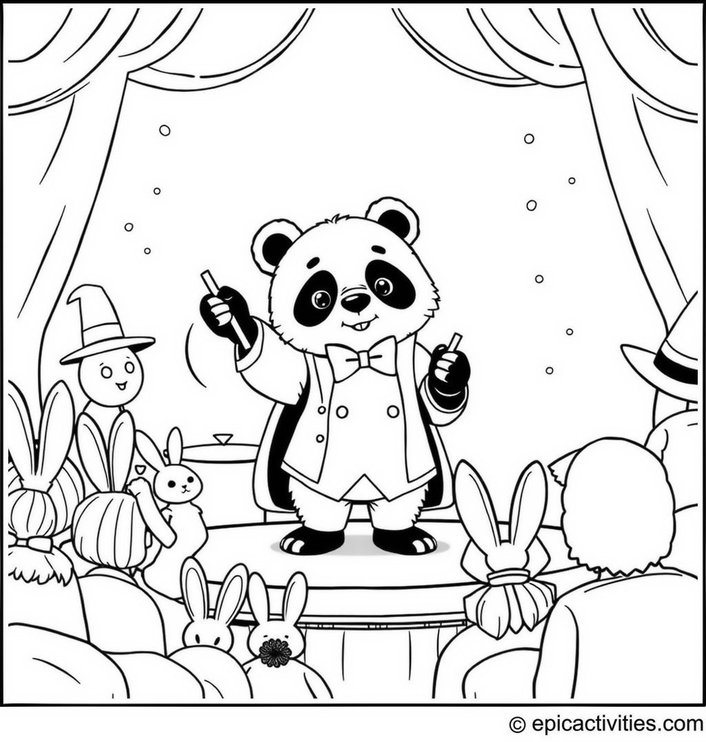 Coloring page of a Cute Panda Magician with Rabbits and Hats on a Whimsical Stage