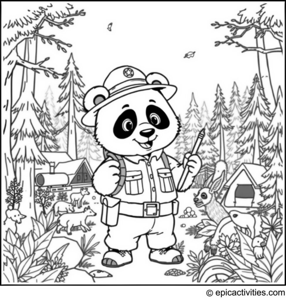Coloring page of a Cute Panda Park Ranger Guiding a Tour in a Detailed Forest