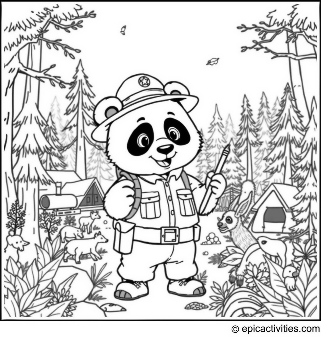 Coloring page of a Cute Panda Park Ranger Guiding a Tour in a Detailed Forest