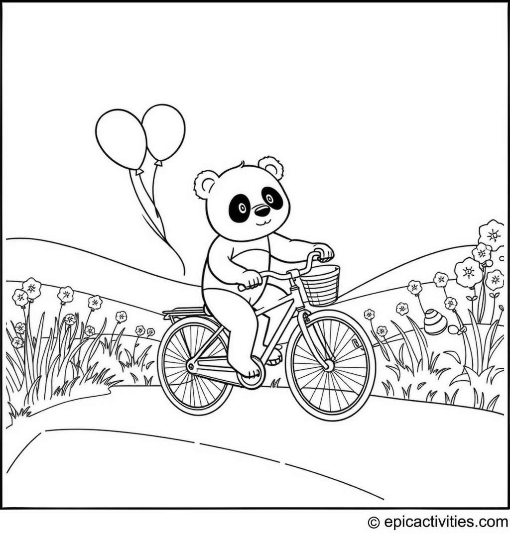 Coloring page of a cute panda riding a bicycle with balloons